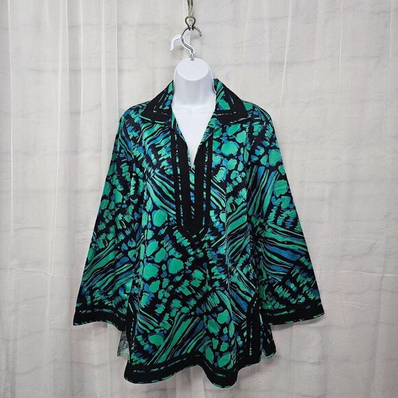 Dana Buchman Green Blue Abstract Peasant Blouse Tunic Retro L - Picture 1 of 14